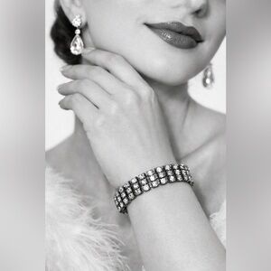 50s Hollywood glamour Silver Bracelet regency style rhinestone old money